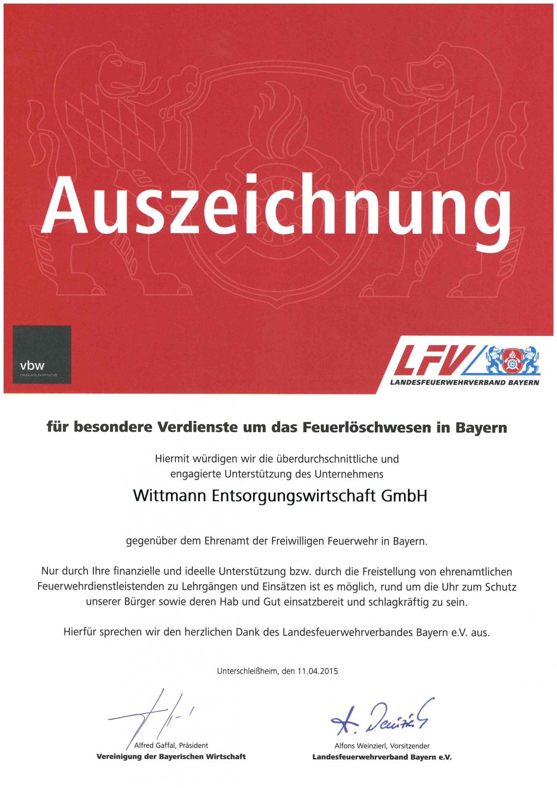 Auszeichnung Feuerlöschwesen Wittmann